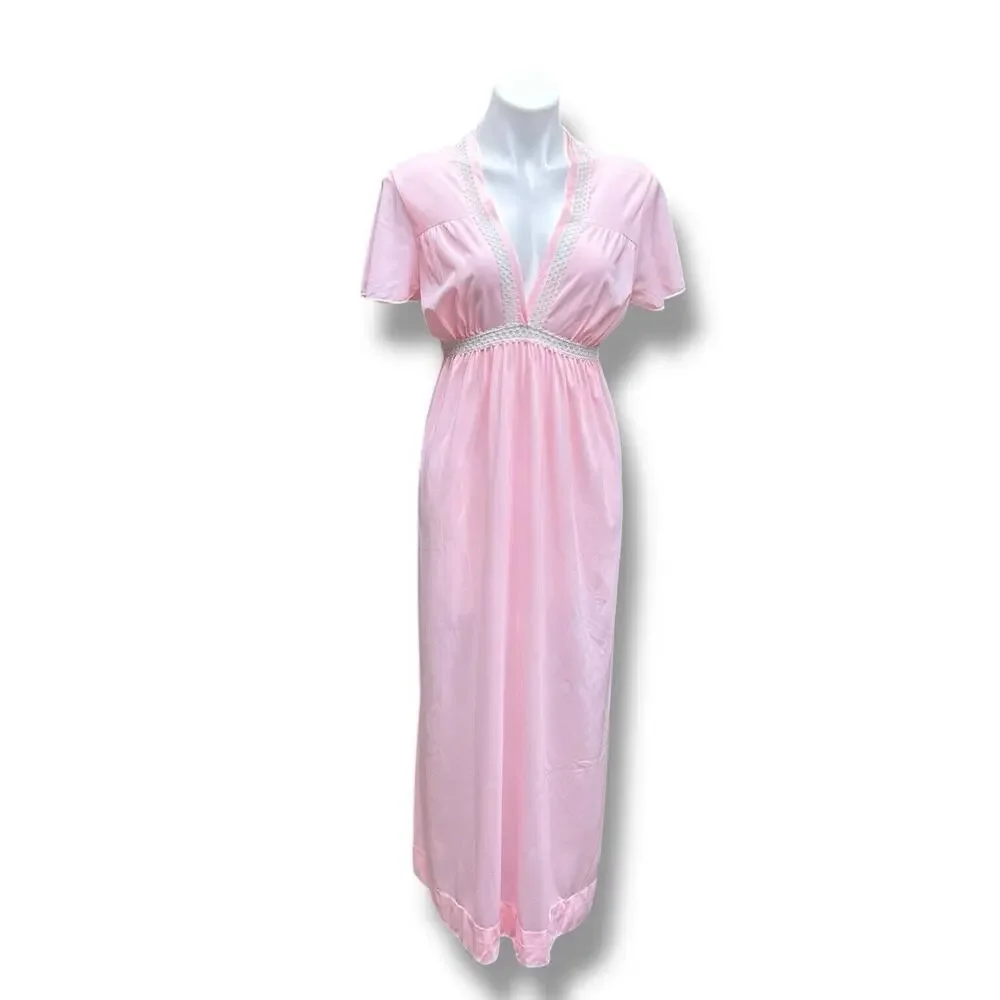 Vintage Rutledge Nightgown Pink Deep V Maxi Coquette Flutter Sleeves Womens Sz L - Picture 2 of 13
